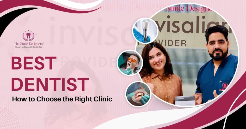 Banner for a dental clinic titled ‘Best Dentist – How to Choose the Right Clinic,’ showing a dentist, a smiling patient, and dental procedure icons.
