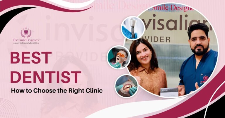 Banner for a dental clinic titled ‘Best Dentist – How to Choose the Right Clinic,’ showing a dentist, a smiling patient, and dental procedure icons.